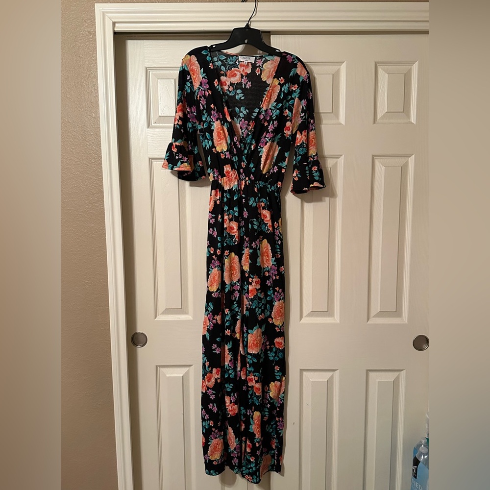 Peach Love California Black jumpsuit Peach and Teal Floral Print